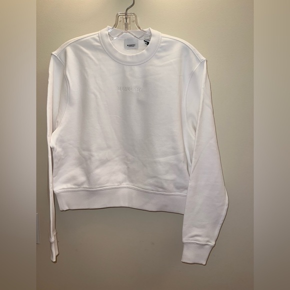 Burberry White Logo Embroidered Cropped Crewneck | White | Size Small | NWT - Picture 2 of 7